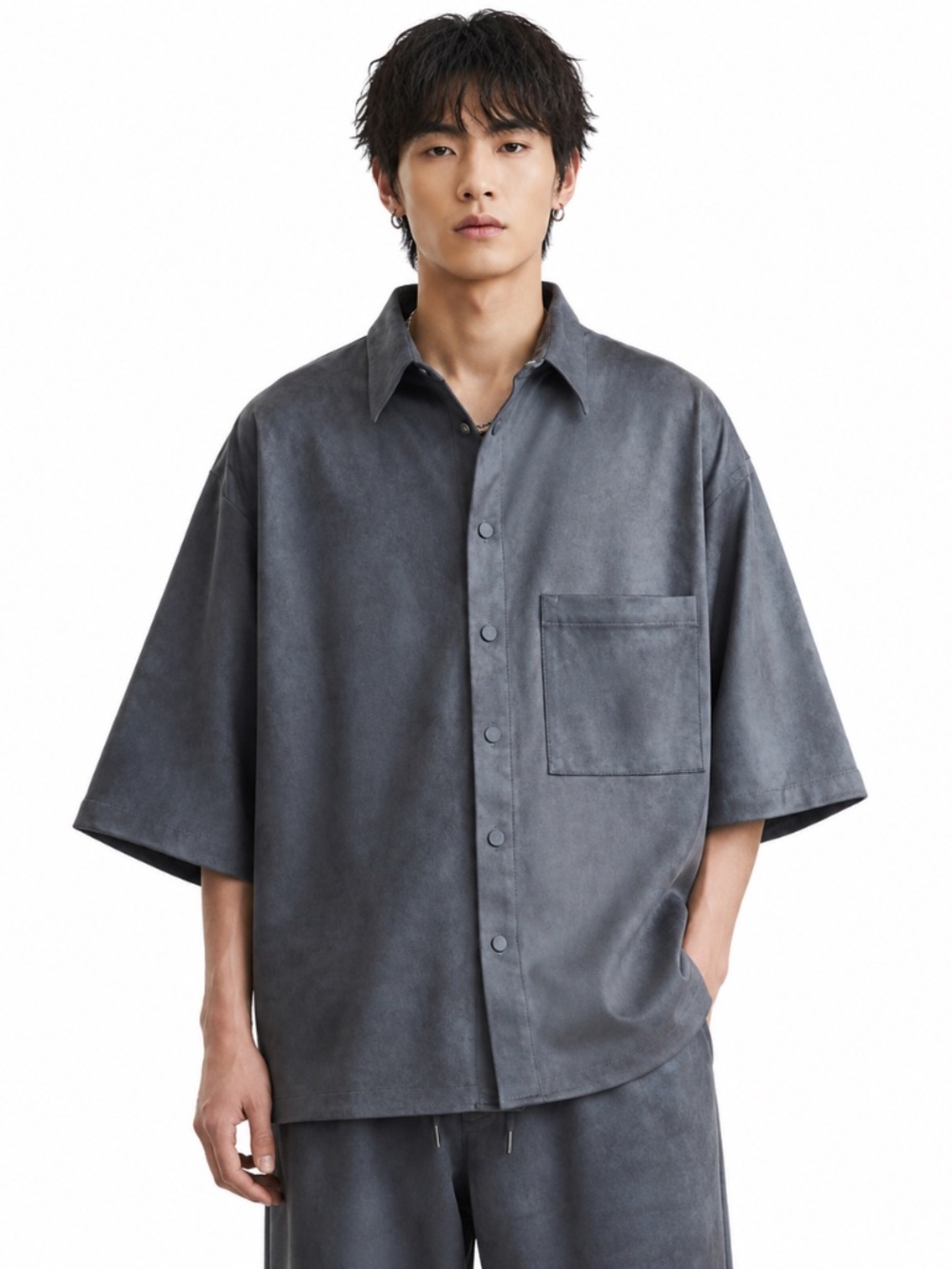 Zara Mens Faded Faux Suede Overshirt Gray Button Up M